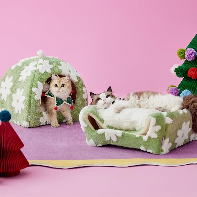 Lesure 2in1 Cute Cat House for Kitten with Washable Cushioned Pillow,17.3in | Cat Beds for Indoor Cats,Small Pet Cave Tent,Cozy Enclosed Foldable Hideaway,Fluffy Ball,Anti Slip Bottom,Hand Strap,Green - Image 2