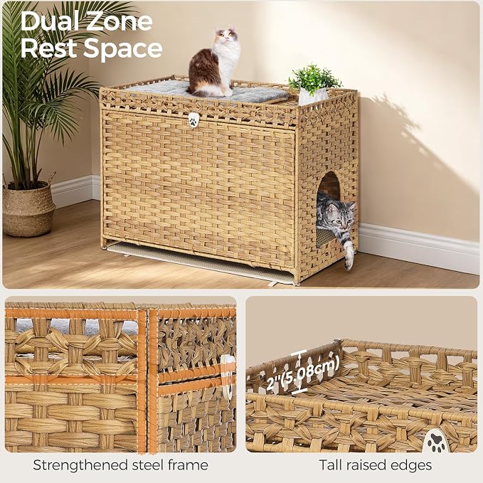 Cat Litter Box Enclosure with Door, Hidden Cat Washroom Furniture | Handwoven PP Wicker; Soft Litter Mat Included; Spacious Interior; Furniture-Style Design; Indoor Home Décor - Image 3