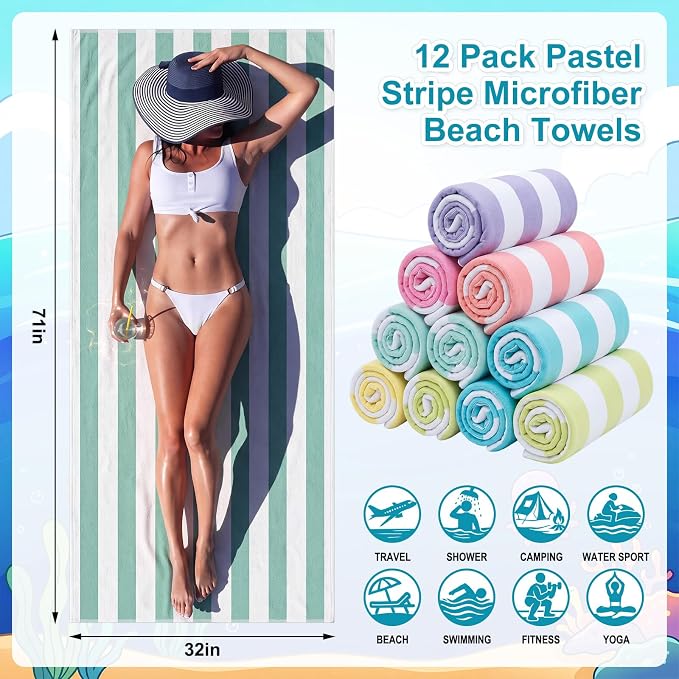 Frienda 12 Pack Pastel Striped Beach Towels 71''x 32'' Large Microfiber Quick Dry Absorbent Bath Towels for Swimming Pool Beach Cruise Travel Gym Supplies - Image 2