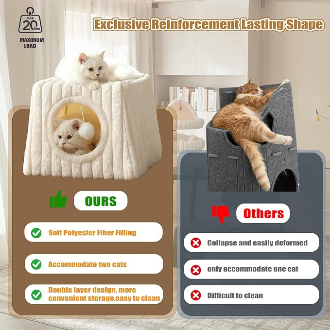 Indoor Cat House - Large Cat Cave Bed with Fluffy Balls, Foldable Cat Bed Cave and Apartment with Pads, Suitable for Multiple Small and Large Cats, 15.74x15.74x13.38 inches (Whiite, Large) - Image 2