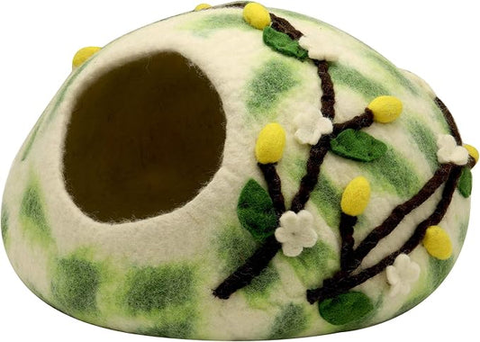 Felt Cat Cave — Handmade Wool Cat Bed for Indoor Cats, Cute Cat Bed, Fits 1 Large or 2 Small Cats, Flower Climber Design, Natural Wool Cat Cave, Cozy Cat House Hideaway by Khusi+Inc
