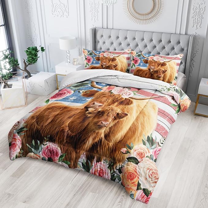 Nttopship Highland Cow Flower Comforter Sets King Size for Kids,American Flag Western Animal Bedding Sets All Season 1 Comforter and 2 Pillowcases - Image 3