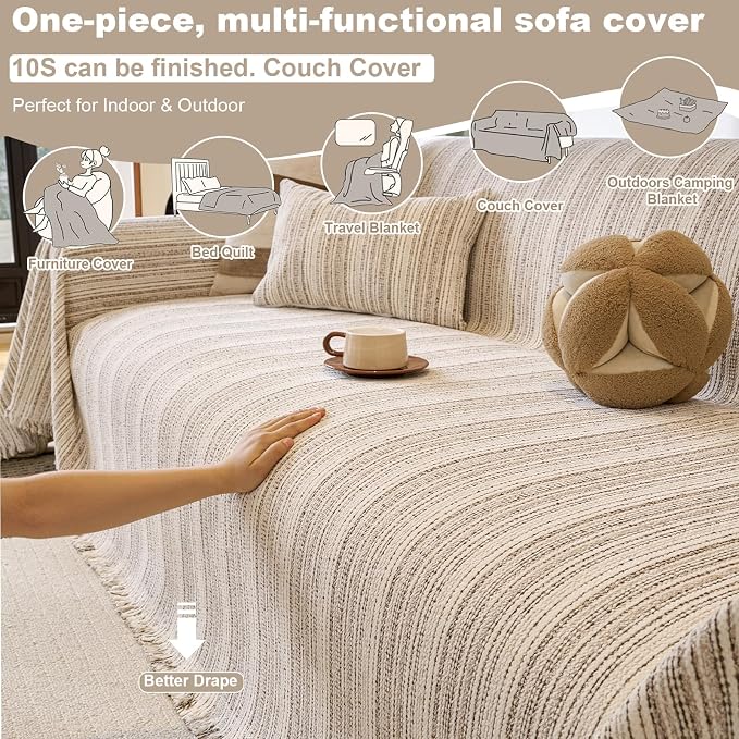 ROOMLIFE Couch Cover 3 Cushion Sofa, Washable Non Slip Furniture Sofa Protector Cover, Soft Chenille Sofa Slipcovers Sectional L Shape Dogs Couch Cover Throw Blanket with Tassels 71''X118'' - Image 4