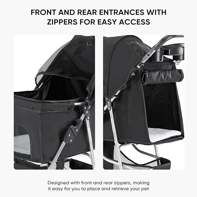 NEWBULIG 3 Wheel Pet Stroller for Dogs and Cats, Foldable, Lightweight and Durable, Ideal for Small to Medium Pets, Includes Storage Basket and Cup Holders