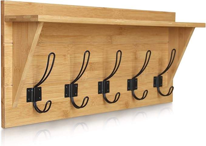 HBCY Creations Rustic Wall Mounted Coat Rack with Shelf - Solid Wood 24" Entryway Shelf with 5 Coat Hangers. Perfect Touch for Your Entryway, Mudroom, Kitchen, Bathroom and More, Bamboo by HBCYCreations