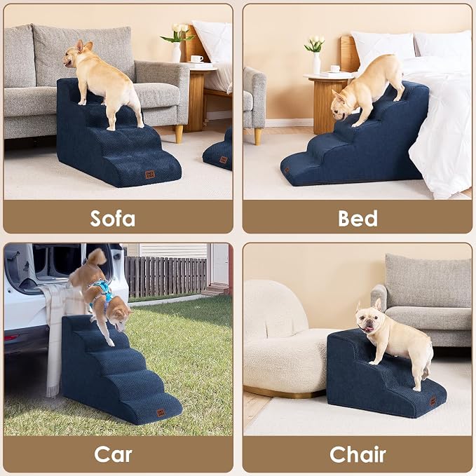 EHEYCIGA Curved Dog Stairs Ramp for High Beds 22.6" H, 5-Step Dog Steps for Small Dogs and Cats, Pet Stairs for High Bed Climbing, Non-Slip Balanced Pet Step Indoor, Navy - Image 7