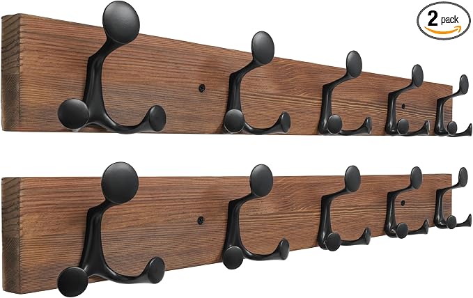 SKOLOO 30-Inch Wood Coat Rack Wall Mount with 5 Triple Hooks - Ideal for Family Entrances, Classrooms, and Pet Supplies Storage - Perfect Coat Hooks for Wall,Charred Golden Brown, Pack of 2 by SKOLOO