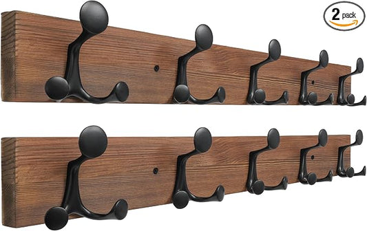SKOLOO 30-Inch Wood Coat Rack Wall Mount with 5 Triple Hooks - Ideal for Family Entrances, Classrooms, and Pet Supplies Storage - Perfect Coat Hooks for Wall,Charred Golden Brown, Pack of 2 by SKOLOO
