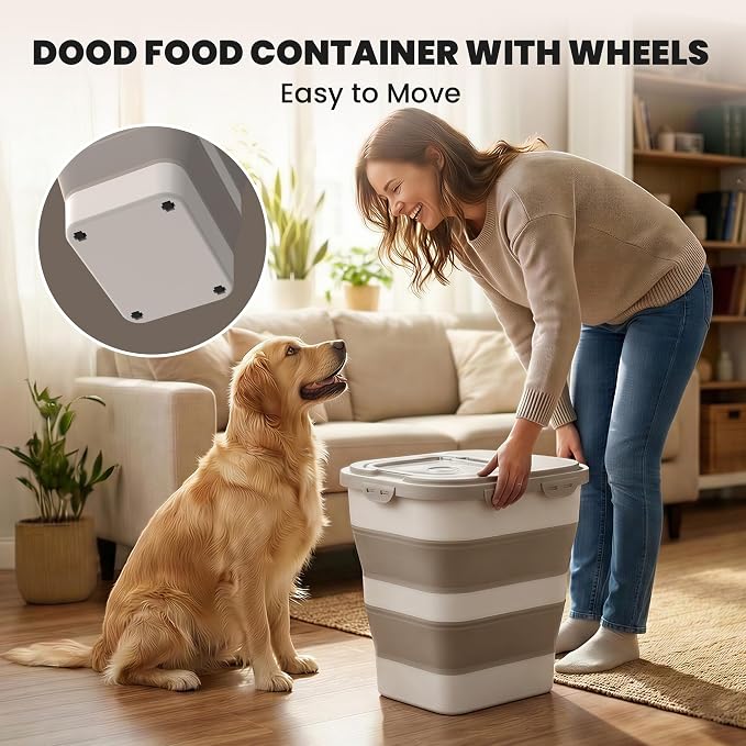 35-40Lbs Airtight Dog Food Storage Container,Collapsible Dog Food Container | Large Pet Food Storage Container with Lid,Wheels,Date Track,Keep Fresh for Rice,Flour,Sugar,Scoop,2PCS Container - Image 6