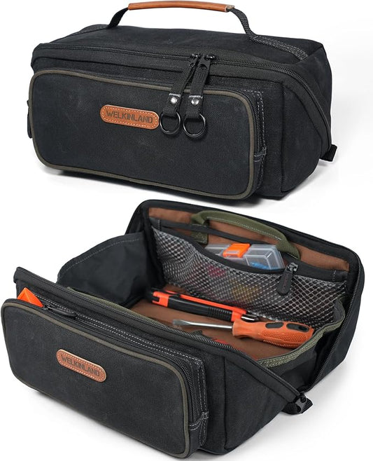 WELKINLAND LayFlat Tool Pouch Organizer, 13-Inch Small Tool Bag, Heavy-Duty Waxed Canvas Tool Pouch, 5-Pocket Small Tool Bags with Zipper, Wide-Open Electrician Tool Bag by WELKINLAND