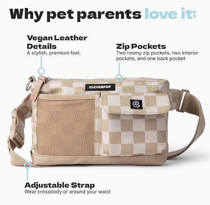 Cleverpup Walk & Train 2-in-1 Dog Walking Bag - Hands-Free Training Crossbody Sling & Fanny Pack with Treat Pouch, Poop Bag Holder, Phone Pockets - Adjustable Waist or Shoulder Strap - Checkerboard - Image 5