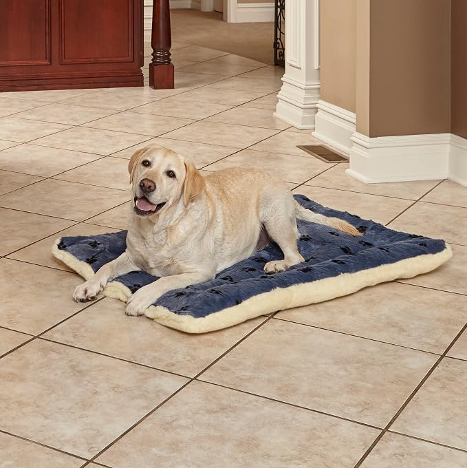MidWest Homes for Pets QuietTime Reversible Paw Print Pet Bed, Soft Faux Fur & Fleece 42-Inch Crate Mat for Large Dogs, Machine Washable, Blue and Cream - Image 3