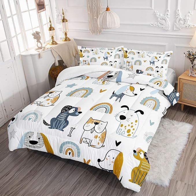 Cartoon Dog Comforter Set Rainbow Bones Printed Bedding Set with 1 Comforter and 2 Pillowcases for Boys and Girls Bedroom All Season(Dog Queen) - Image 3