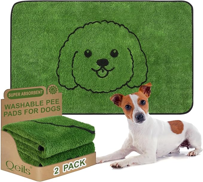 Qeils Reusable Puppy Pads , Washable Pee Pads for Dogs 48" x 30" 2 Pack | Super Absorbent & Leakproof Potty Training Pads, Plush Grass-Look With Non-Slip Backing For Crates, Playpens & Small Pets by Qeils