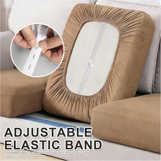 Leather Like Couch Cushion Covers Sofa Slipcovers Sets Couches Furniture Protector Covers for Sectional Armchair Loveseat Stretch Spandex Fabric, Machine Washable (3 Cushion Sofa, Light Kahki) - Image 3