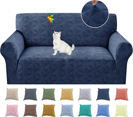 YEMYHOM 1 Piece Stretch Couch Covers for 2 Cushion Couch, Jacquard Loveseat Cover with Non-Slip Elastic Bottom, Thickened Slipcover Furniture Protector for Dogs Pets (Medium, Navy） by YEMYHOM