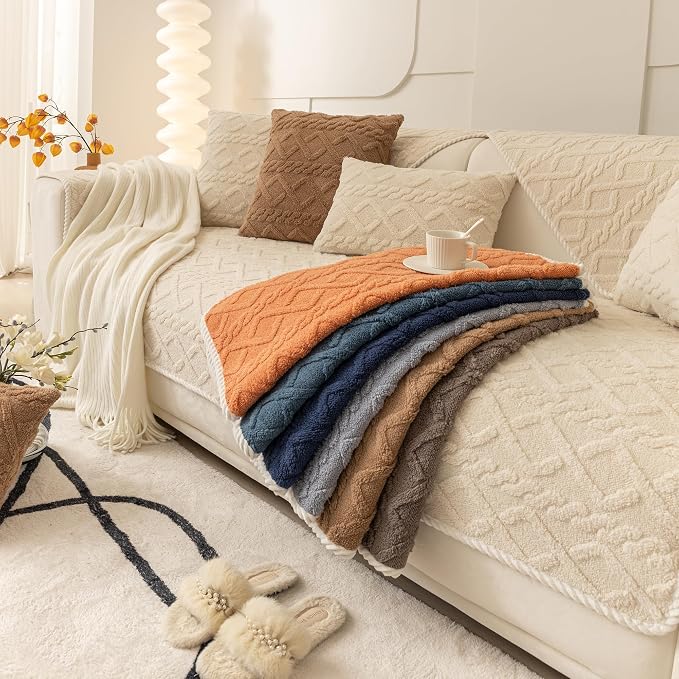 OTOB All Seasons Couch Covers for 3 Cushion Couch Sofa, Washable & Non Slip Geometric Jacquard Plush Sofa Slipcovers Pet Friendly Soft Furniture Cover Protector, 1 Piece (Beige, 27.6"x70.9") - Image 9