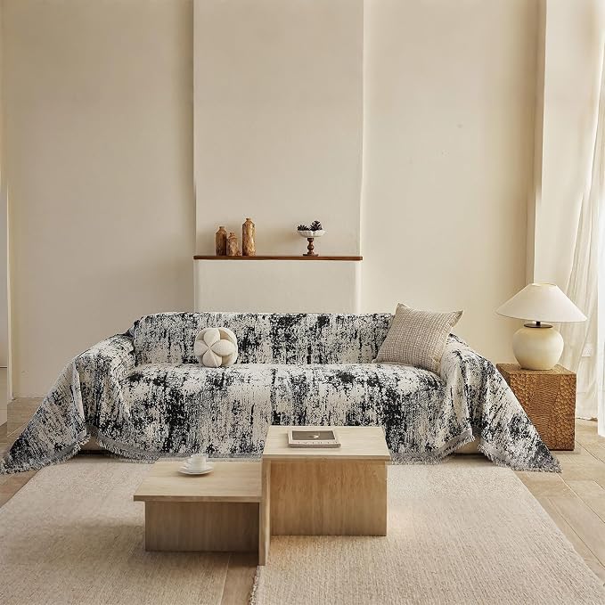 STACYPIK Abstract Geometric Sofa Covers for Sectional,Modern Aesthetics Chenille Couch Cover for 3 Cushion Couch, Non Slip Black & Beige Jacquard Couch Protector for Dogs, Loveseat Slipcover-71X150IN by STACYPIK
