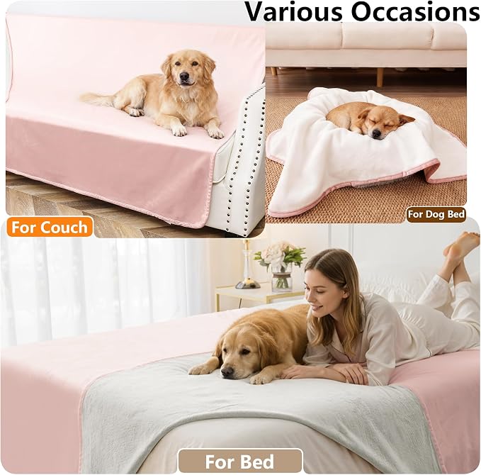 Waterproof Blanket - Reversible Dog Throw as Furniture Protector | Soft Velvet & Flannel, TPU Leak-Proof Liner, Machine Washable, Fits Couch and Bed, 82" x 108", Pink/Cream - Image 5