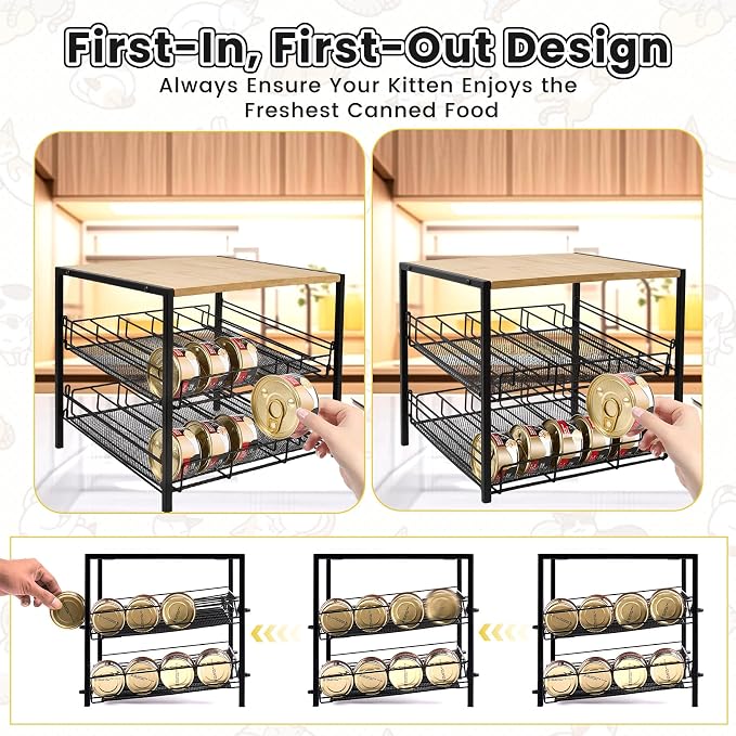 Bamboo & Iron Cat Food Organizer for Pantry, 2-Tier Can Stackable Storage Rack Holds 48 (3oz) Cans, Flat Top for Extra Storage, Automatic Slide-Down Perfect for Pet Food Cans - Image 5