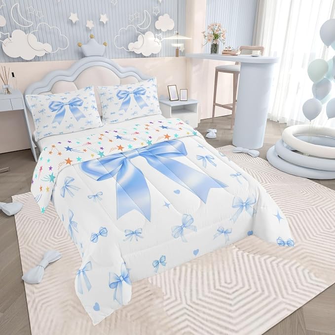 Manfei Blue Bow Kids Comforter Set,Kawaii Princess Style Down Alternative Adults Bedroom Decor,Cute Ribbon Bowknot Ultra Soft Microfiber Inner Fill 3Pcs Bedding Queen Size - Image 2