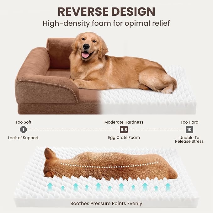 Orthopedic Dog Beds for Large Sized Dogs, Waterproof Egg-Crate Foam Pet Couch Bed with Soft Sides, Non-Slip Dog Sofa with Flannel Removable Washable Cover, 35" L Supportive Pet Sofa, Brown - Image 4