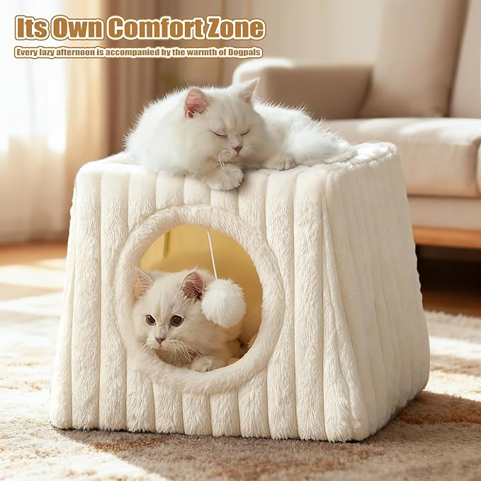 Dogpals Indoor Cat House - Large Cat Cave Bed with Fluffy Balls, Foldable Cat Bed Cave and Apartment with Pads, Suitable for Multiple Small and Large Cats, 18.5x15.4x15.4inches (White, XL) - Image 6