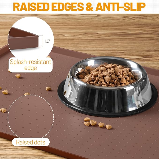 Hubulk Dog Feeding Mat,100% Waterproof Food Grade Silicone Pet Food and Water Bowl Placemat,Dishwasher, High Raised Edge to Prevent Spills,Nonslip Tray to Stop Messes on Floor（28"x18"x0.8", Brown） - Image 3