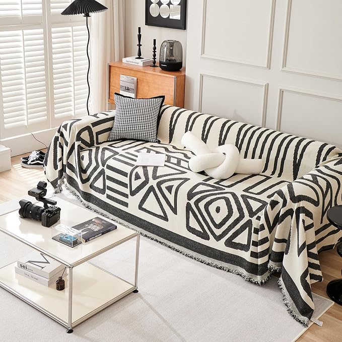 71" x 118" Chenille Couch Cover with Black Geometry Pattern for Sectional Sofa Loveseat Futon L Shaped Cover Reversible Sofa Slipcover Non Slip Sofa Cover Pet Cat Protector Washable - Image 6