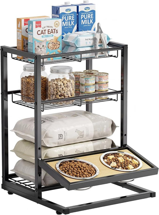 Elevated Cat Bowl Stand Feeding Station, 3-Tier Cat Food Organizer & Storage, Pet Feeding Station with Cat Table, Cat Food Stand for Large Medium Cats, 3 Height Adjustable, Black by CACHOLIV