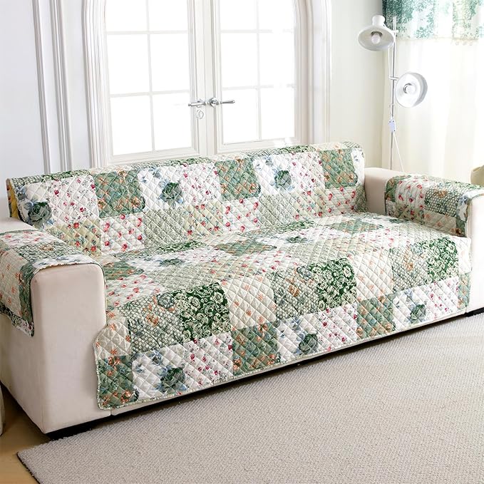Cmfshape Skidproof Sofa Cover-Green Sofa Slipcover with Elastic Straps-Easy Fit Slip Cover-Patchwork Washable Furniture Protector for Pets and Kids(Sofa,Green) - Image 2