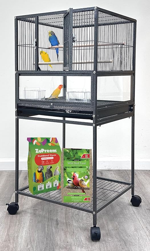 Deluxe Durable Wrought Iron Bird Parrot Flight Cage Sturdy Front Door Side Nesting Doors Acrylic Clear Bottom Prevent Food Spillage Removable Rolling Stand Lockable Wheels by Mcage