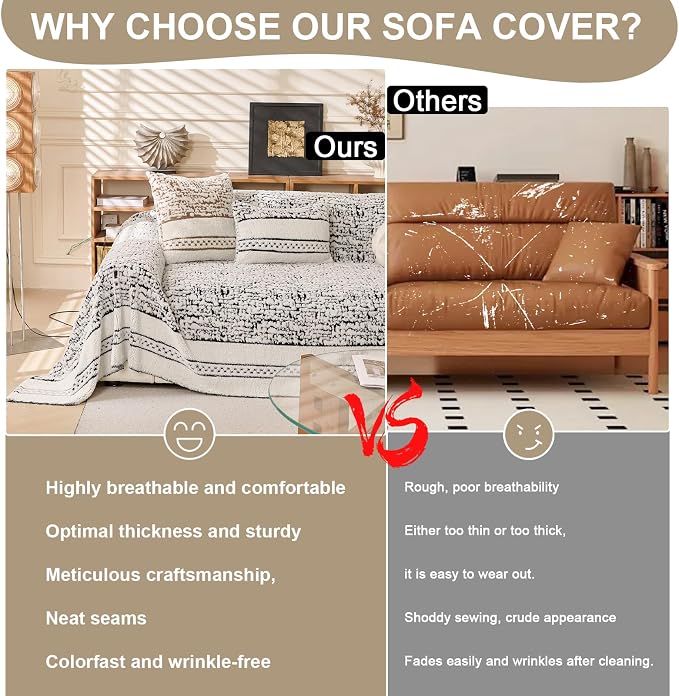 ROOMLIFE Thicked Striped Boho Black Couch Cover for 2-3 Cushion Sofa, Fuzzy Plush Warm Sofa Slipcovers Sectional Sofas Covers, Non Slip Washable Furniture Protector Soft with Tassel,Winter 71''X150” - Image 3