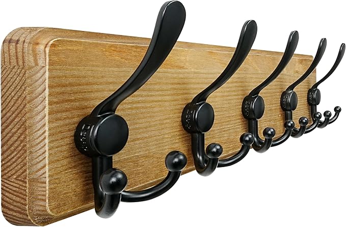 Dseap Coat Rack Wall Mount - Heavy-Duty Robust Barnwood-Style Wooden Wall Coat Hanger Hook Rail with 5 Triple Hooks for Winter Coats Hat Jacket Clothing, Weathered Brown & Black by Dseap