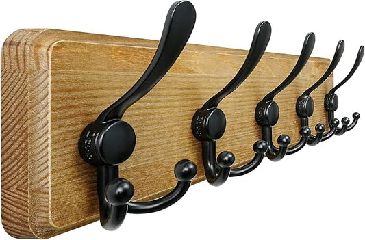 Dseap Coat Rack Wall Mount - Heavy-Duty Robust Barnwood-Style Wooden Wall Coat Hanger Hook Rail with 5 Triple Hooks for Winter Coats Hat Jacket Clothing, Weathered Brown & Black by Dseap