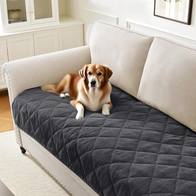PrinceDeco Couch Covers for Dogs Chenille Sofa Covers for 2 Cushion Washable Quilted Checkered Fuzzy Pet Couch Cover Soft Couch Protector Non-Slip Sofa Pads for Puppy Cat Kids(34.5" x 60", Grey) by PrinceDeco