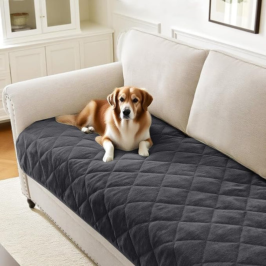 PrinceDeco Couch Covers for Dogs Chenille Sofa Covers for 2 Cushion Washable Quilted Checkered Fuzzy Pet Couch Cover Soft Couch Protector Non-Slip Sofa Pads for Puppy Cat Kids(34.5" x 60", Grey) by PrinceDeco