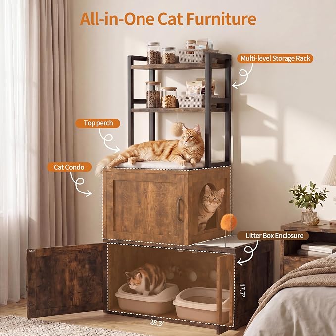 Heybly Cat Litter Box Enclosure Furniture, Double Hidden Litter Box Cabinet with Cat Tree, Large Litter Box Enclosure with Shelves & Storage, Cat House for 2 Cats, Cat Box Enclosure, Rustic HCLB002SR - Image 2