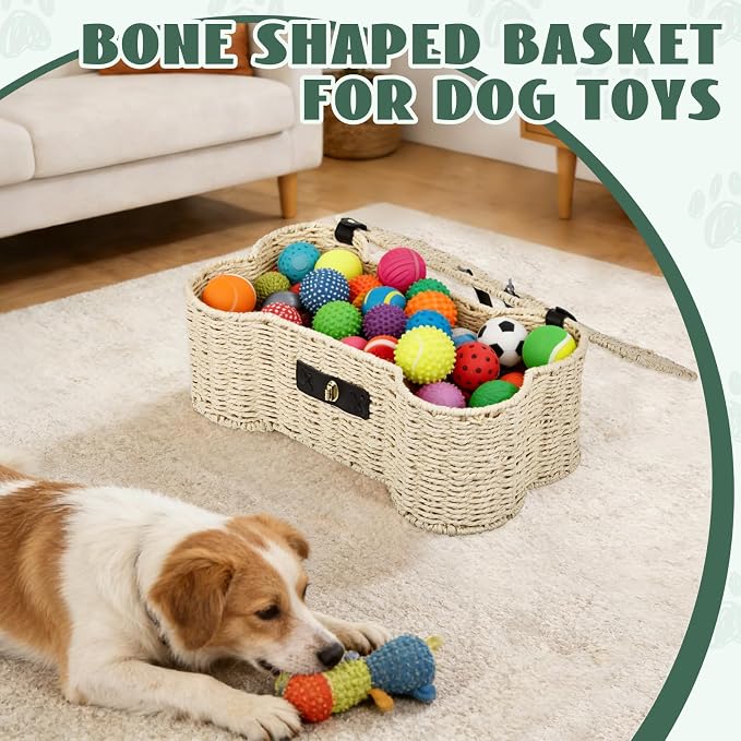 Bone Shaped Storage Basket Large Dog Toy Basket with Lid and Handles Dog Toy Bin Wicker Woven Bone Pet Organizer for Storing Frisbee Blankets Treats Pet Supplies - Image 4