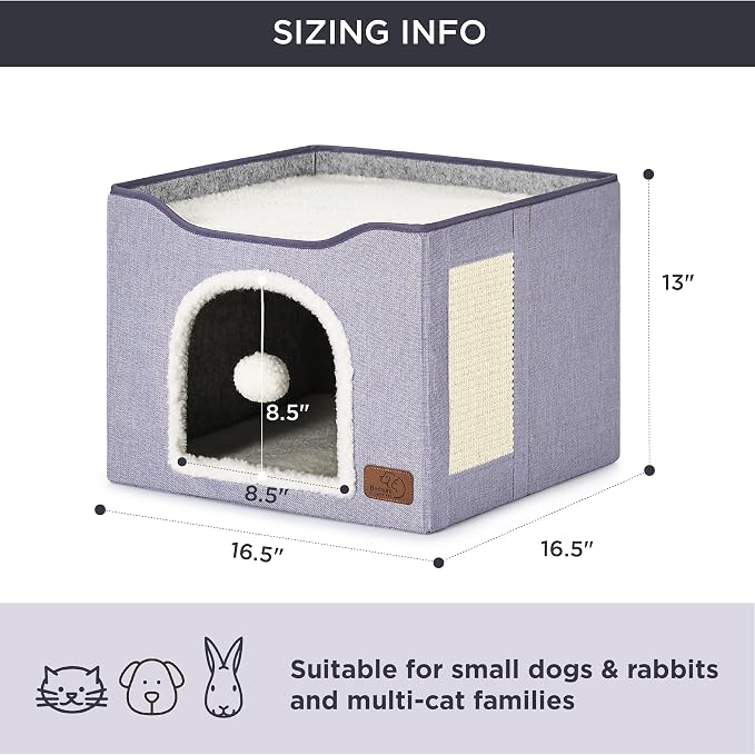 Bedsure Cat House Bed for Indoor Cats with Fluffy Ball and Scratch Pad | Cloud Purple 16.5x16.5x13 in,Large Cat Cave for Multiple Pets,Foldable Cat Hideway Cube for Sleeping Kitten - Image 6