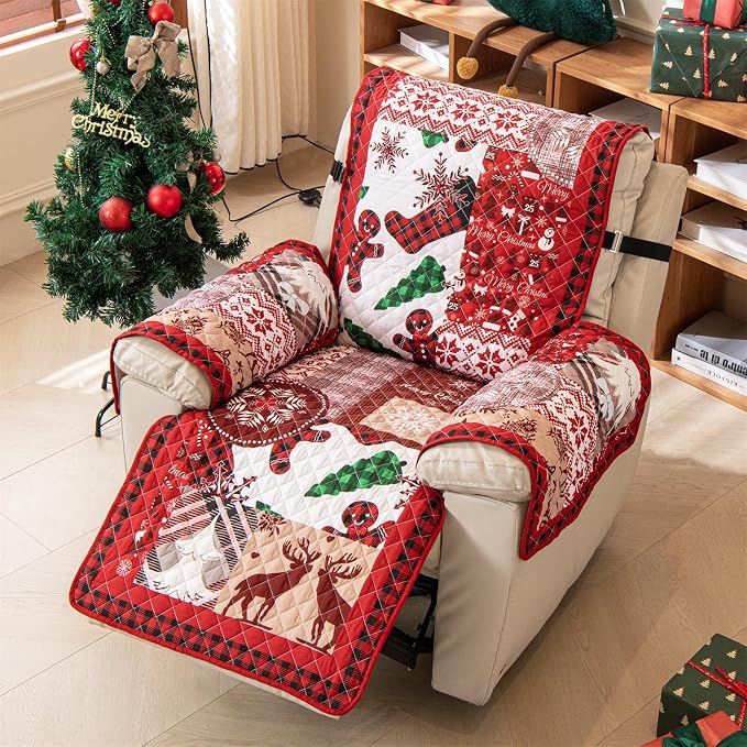 Cmfshape Christmas Skidproof Sofa Cover-Festival Sofa Slipcover with Elastic Straps-Easy Fit Slip Cover-Patchwork Washable Furniture Protector for Pets and Kids(Recliner,Red) by cmfshape-quiltset