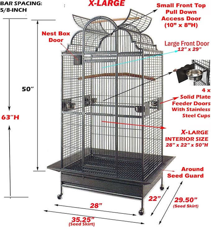 X-Large Elegance and Durable Wrought Iron Open Play Top Stand Bird Parrot Rolling Cage, Include Metal Seed Guard Solid Metal Feeder Nest Door Heavy Duty Lockable Rolling Castors - Image 2