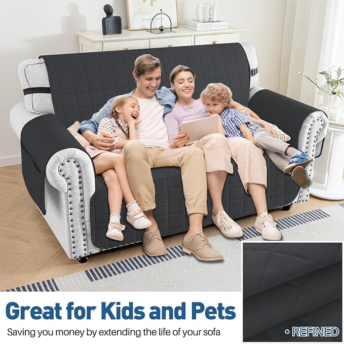 MAXIJIN Waterproof Love Seat Couch Covers 2 Cushion Sofa, 49" Quilted Loveseat Cover Slipcovers for Pets Dog Couch Cover Protector with Elastic Strap & Side Pocket (Loveseat, Black) - Image 4