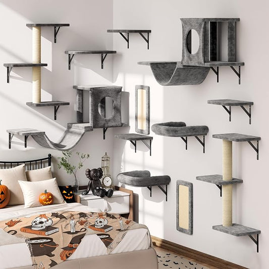 12-in-1 Cat Wall Shelves, Luxury Wall-Mounted Cat Climber Set | with Condos House, Scratching Post, Bridge Ladder, Indoor Space-Saving Furniture for Kittens, Dark Gray by NUNULAB