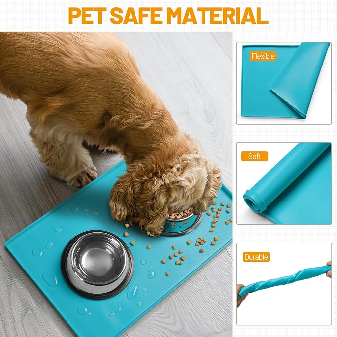 Hubulk Dog Feeding Mat,100% Waterproof Food Grade Silicone Pet Food and Water Bowl Placemat,Dishwasher, High Raised Edge to Prevent Spills,Nonslip Tray to Stop Messes on Floor (32"x24"x1.0", Teal) - Image 5