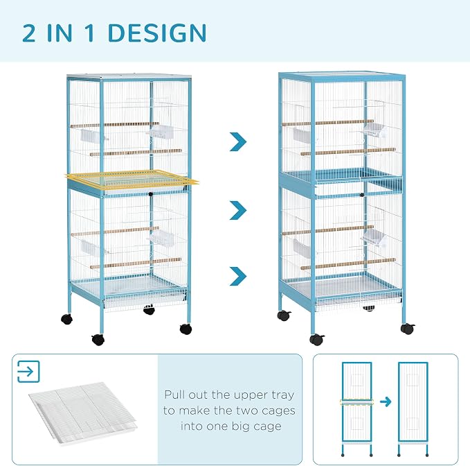 PawHut Large Bird Cage 1.7 ft. Width for Wingspan 55", Light Blue | Bird Aviary Indoor, Multi-Door Design, Fit for a Canary, Finch, Conure - Image 3