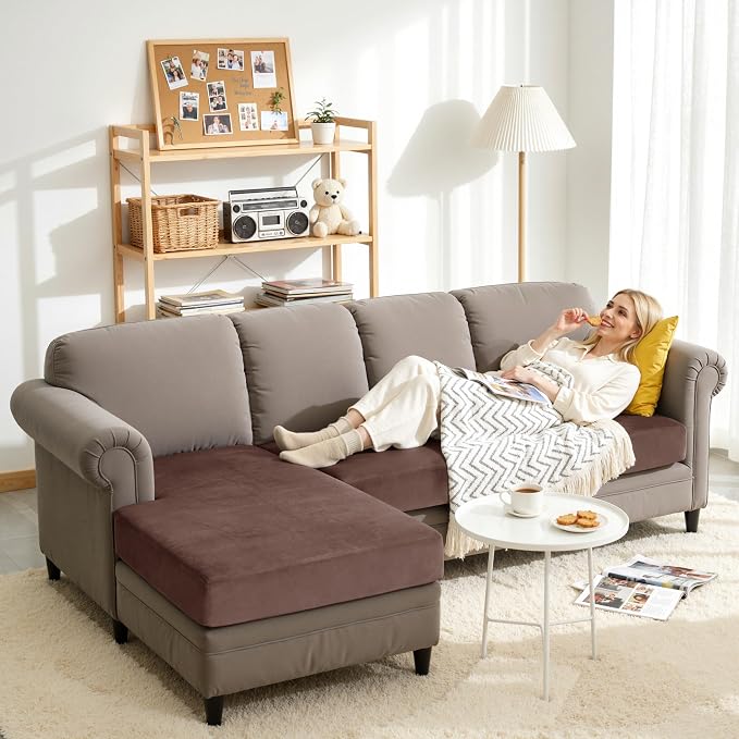 CHUN YI Velvet Couch Cushion Covers, 3 PC Water Resistant Sectional Couch Covers for L Shape Sofa, Individual Seat Cushion Protector for Pets (2 Seater + 1 Chaise, Brown) - Image 6