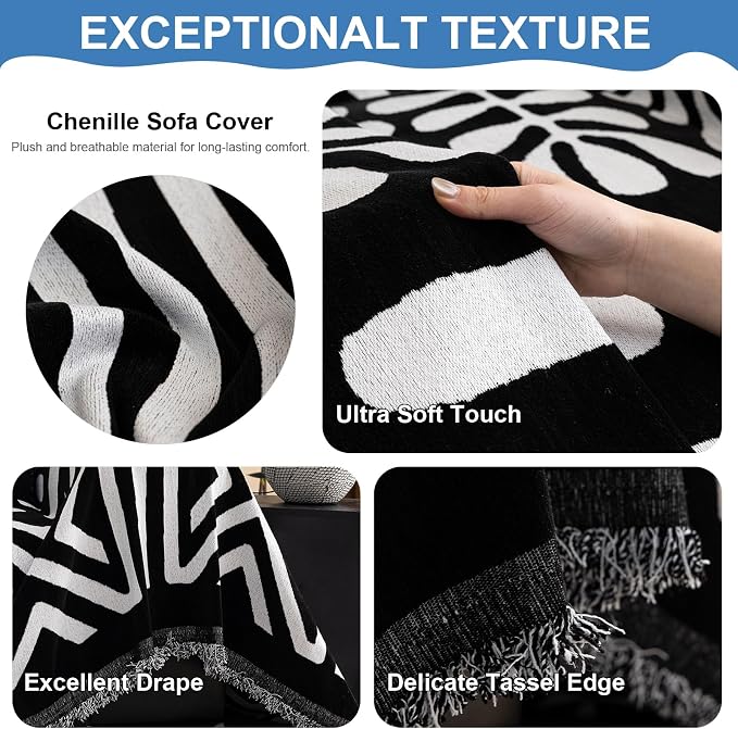 VClife Minimalism Tribal Couch Cover Non Slip White Black Geometric Jacquard Sofa Cover Washable Bohemian Style Aztec Couch Slipcover for Sectional Couch Chenille Furniture Protector 71''x118'' - Image 5