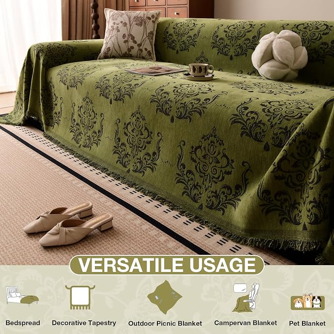 STACYPIK Vintage Floral Sofa Cover, Soft Reversible Couch Cover for Dogs | 71x134IN, Green, Tassel, Tear Resistant, Pet Friendly, 3 Cushion Couch/Sectional, Versatile Jacquard Chenille Couch Protector - Image 6