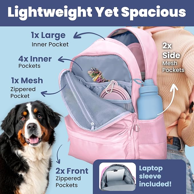 Dog Travel Bag for Supplies - Complete Dog Diaper Bag Backpack with 2 BPA-Free Travel Bowls, Treat Pouch, Food Container, Placemat & Laptop Sleeve – for Traveling, Road Trips, Hiking: Dusty Pink | 2 BPA-Free Bowls; Food Container & Treat Pouch; Placema... - Image 5